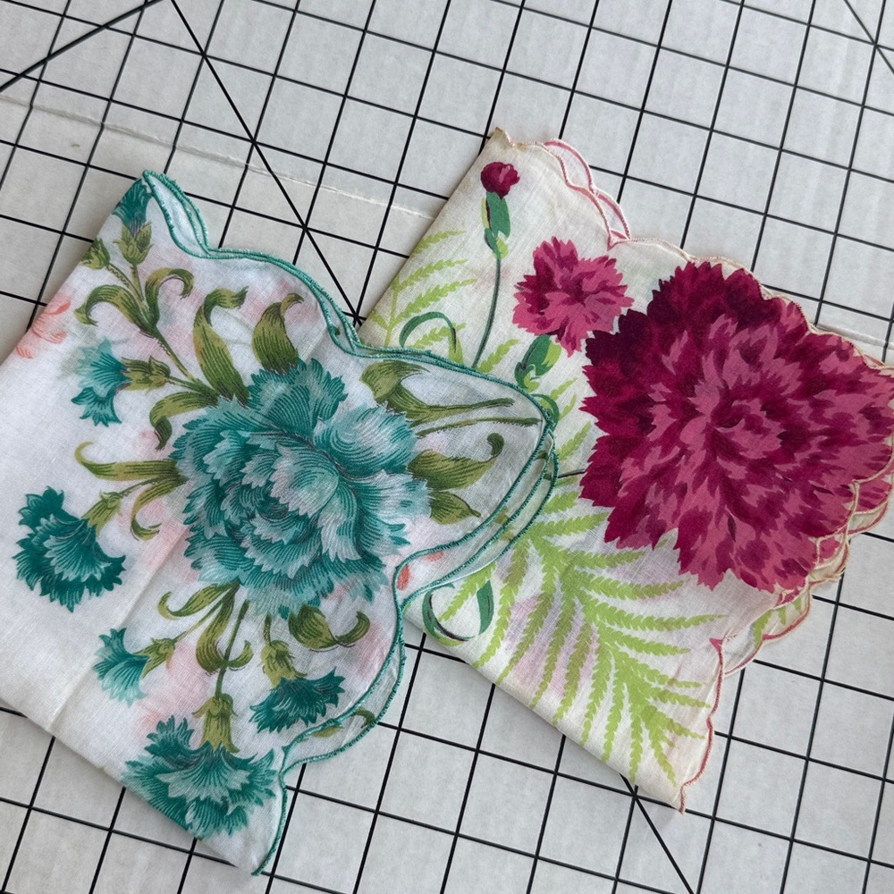 Pair of Vintage 1950s–1960s Floral Handkerchiefs – Carnations & Chrysanthemums